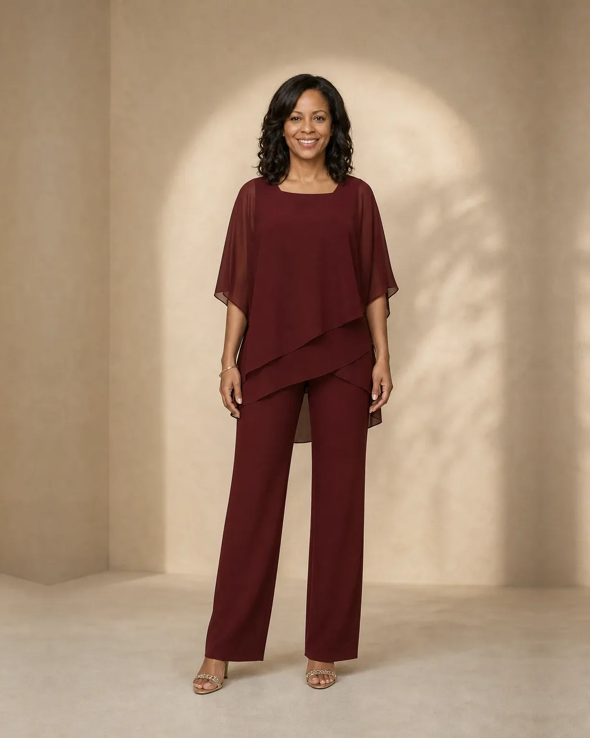 Women's two piece set with layered asymmetric top and wide-leg pants - view 5