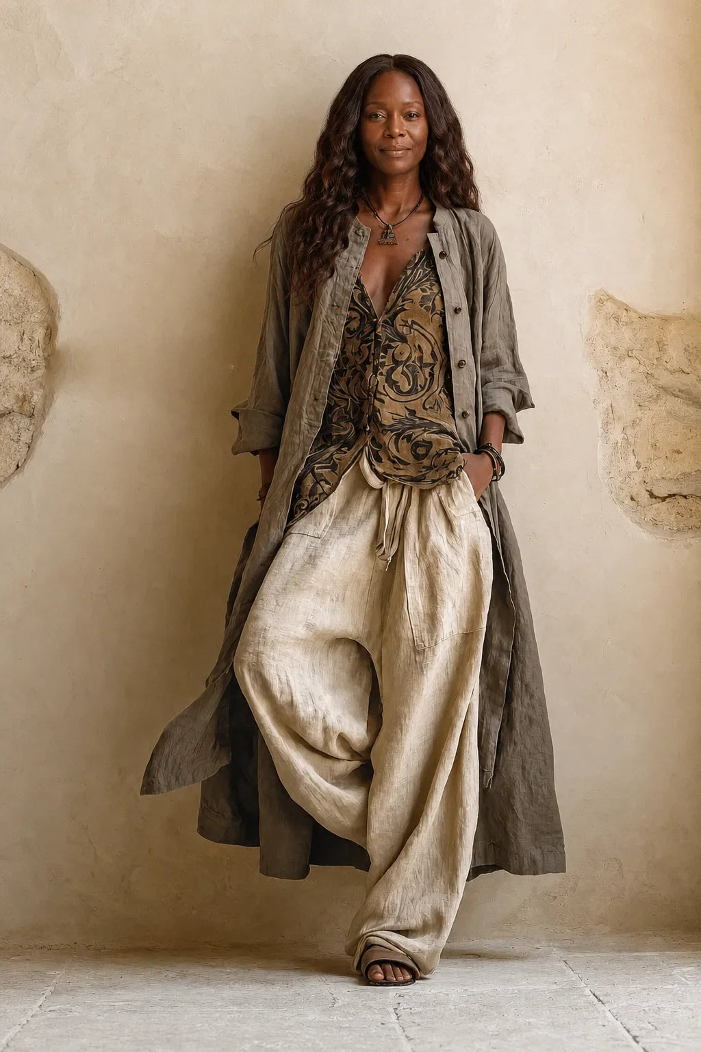 Woman wearing a printed three piece set with sleeveless top, drawstring womens pants and long grey cardigan