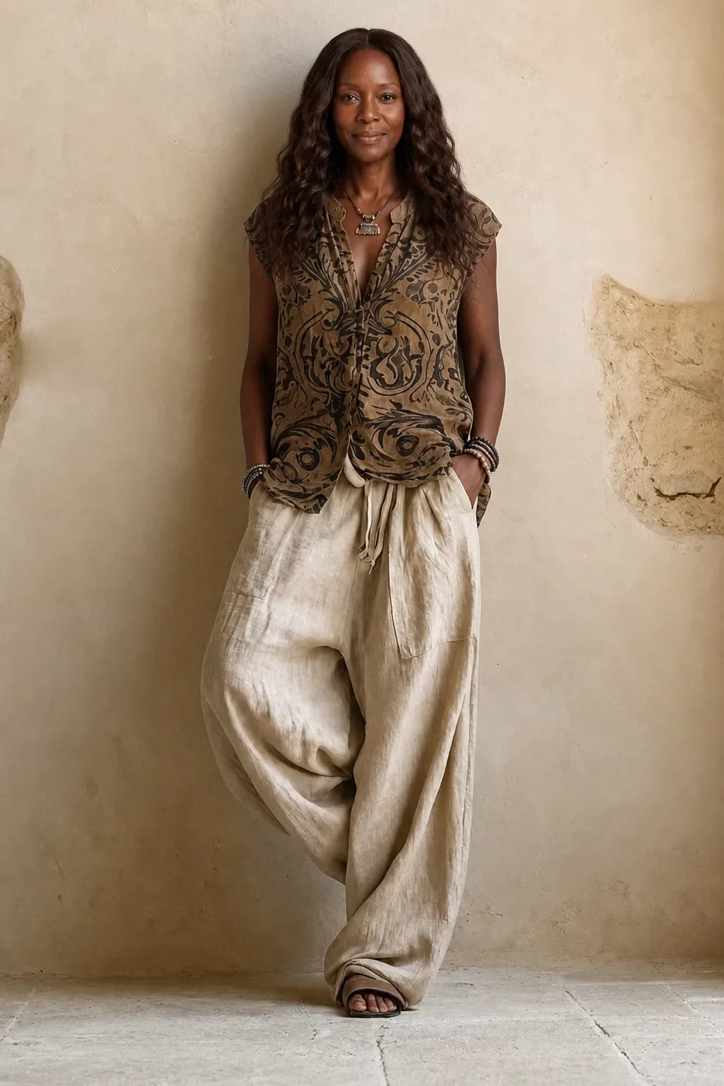 Woman wearing a printed three piece set with sleeveless top, drawstring womens pants and long grey cardigan - view 2