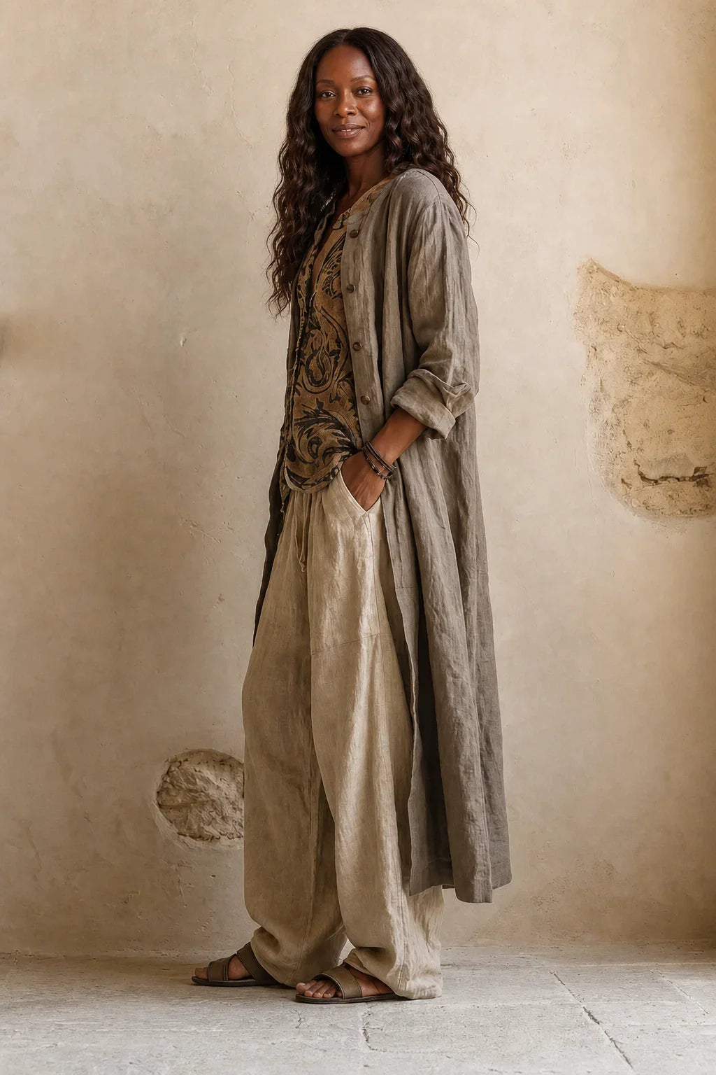 Woman wearing a printed three piece set with sleeveless top, drawstring womens pants and long grey cardigan - view 4